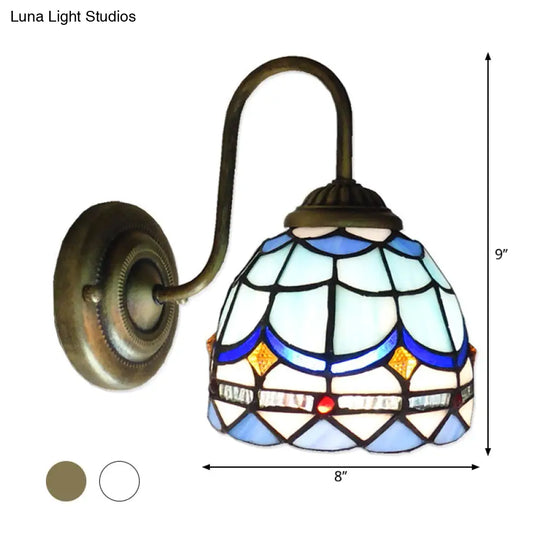 Baroque Blue Dome Wall Light Fixture: Stained Glass 1-Head Lighting With Curved Arm