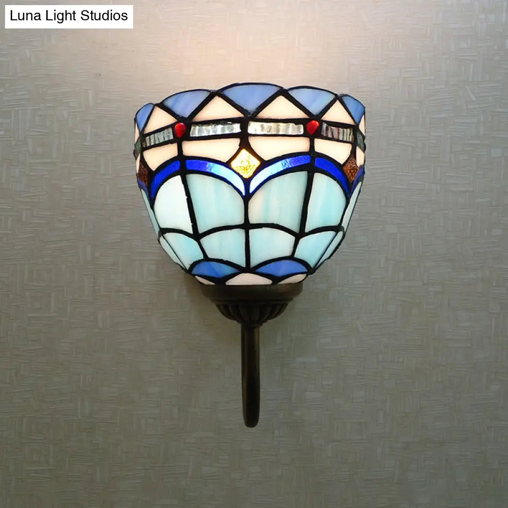 Baroque Blue Dome Wall Light Fixture: Stained Glass 1-Head Lighting With Curved Arm