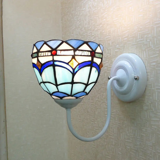 Baroque Blue Dome Wall Light Fixture: Stained Glass 1-Head Lighting With Curved Arm White / 6