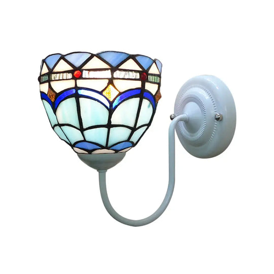 Baroque Blue Dome Wall Light Fixture: Stained Glass 1-Head Lighting With Curved Arm White / 8