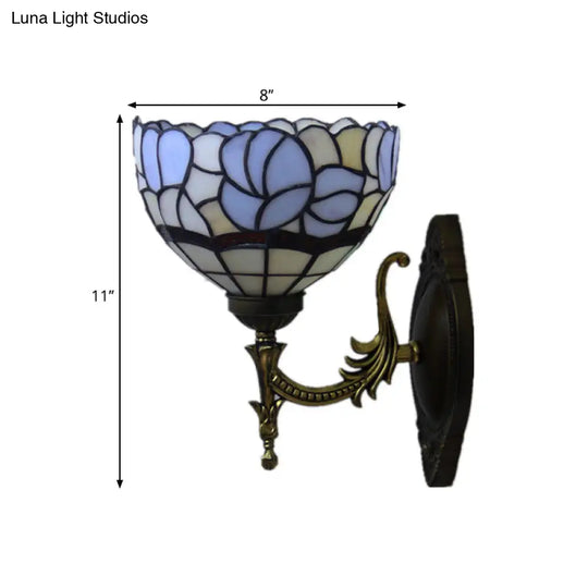 Baroque Blue Domed Wall Light Sconce: 1-Light Stained Glass Floral Pattern For Elegant Lighting