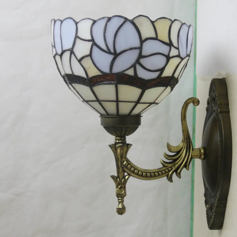 Baroque Blue Domed Wall Light Sconce: 1-Light Stained Glass Floral Pattern For Elegant Lighting