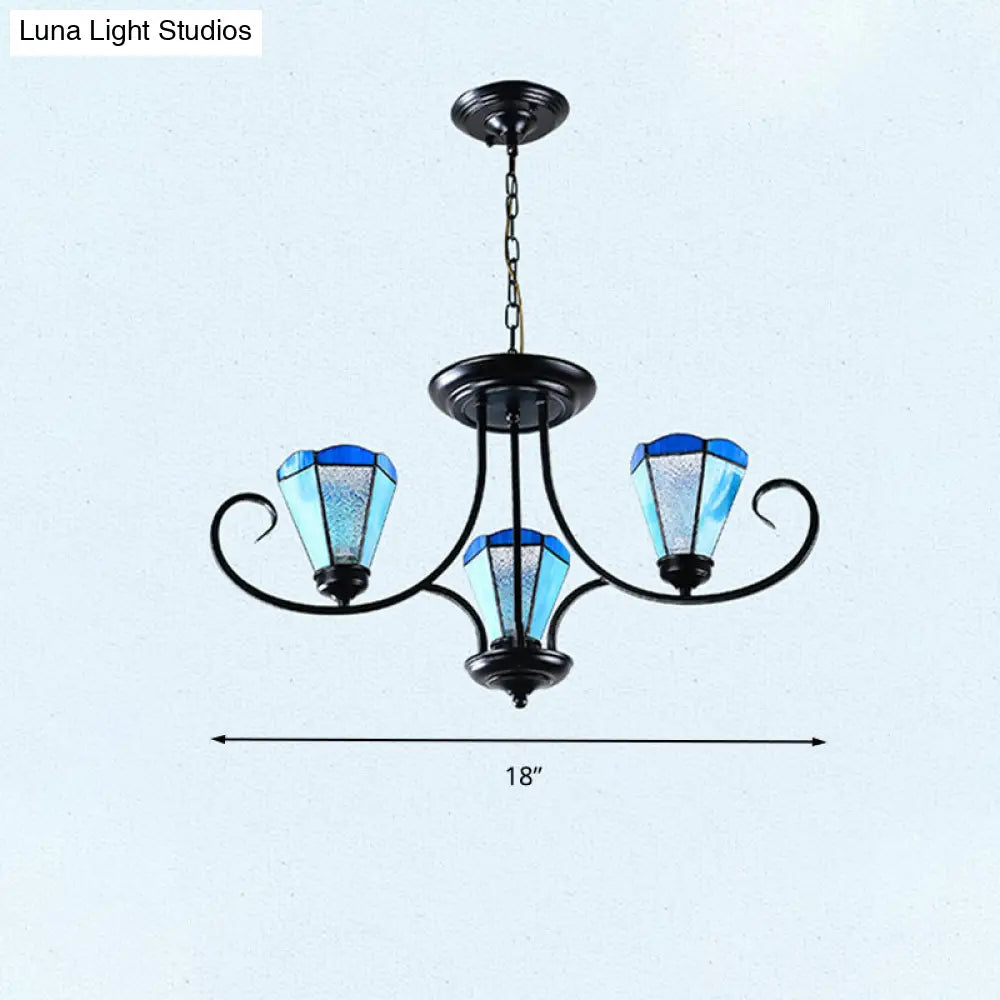 Baroque Blue Frosted Glass Cone Ceiling Pendant Light - Black With 3/6/8 Lights 18’/27.5’/32.5’ W