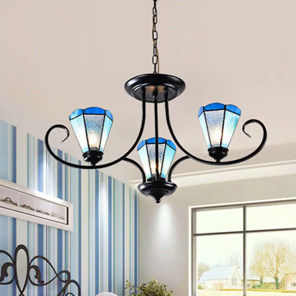 Baroque Blue Frosted Glass Cone Ceiling Pendant Light - Black With 3/6/8 Lights