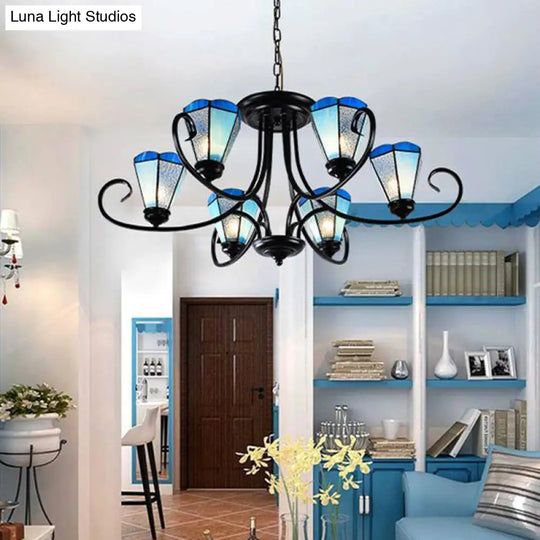 Baroque Blue Frosted Glass Cone Ceiling Pendant Light - Black With 3/6/8 Lights 18’/27.5’/32.5’ W