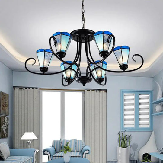 Baroque Blue Frosted Glass Cone Ceiling Pendant Light - Black With 3/6/8 Lights