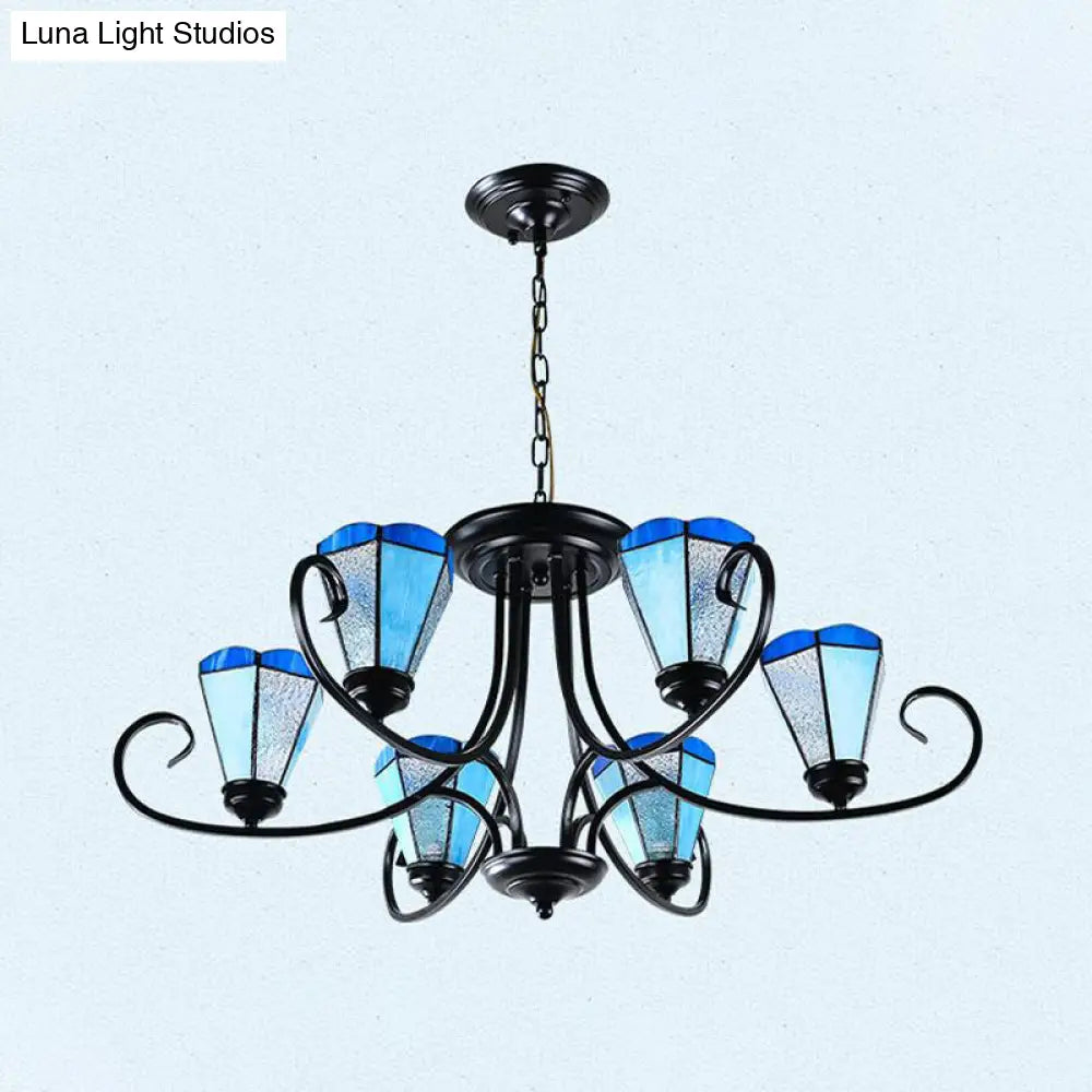 Baroque Blue Frosted Glass Cone Ceiling Pendant Light - Black With 3/6/8 Lights 18’/27.5’/32.5’ W