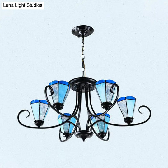 Baroque Blue Frosted Glass Cone Ceiling Pendant Light - Black With 3/6/8 Lights 18’/27.5’/32.5’ W