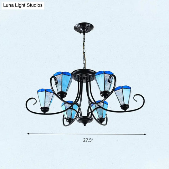 Baroque Blue Frosted Glass Cone Ceiling Pendant Light - Black With 3/6/8 Lights 18’/27.5’/32.5’ W