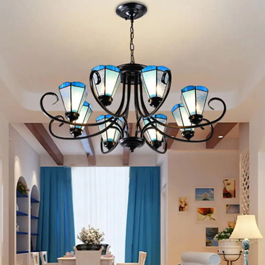 Baroque Blue Frosted Glass Cone Ceiling Pendant Light - Black With 3/6/8 Lights