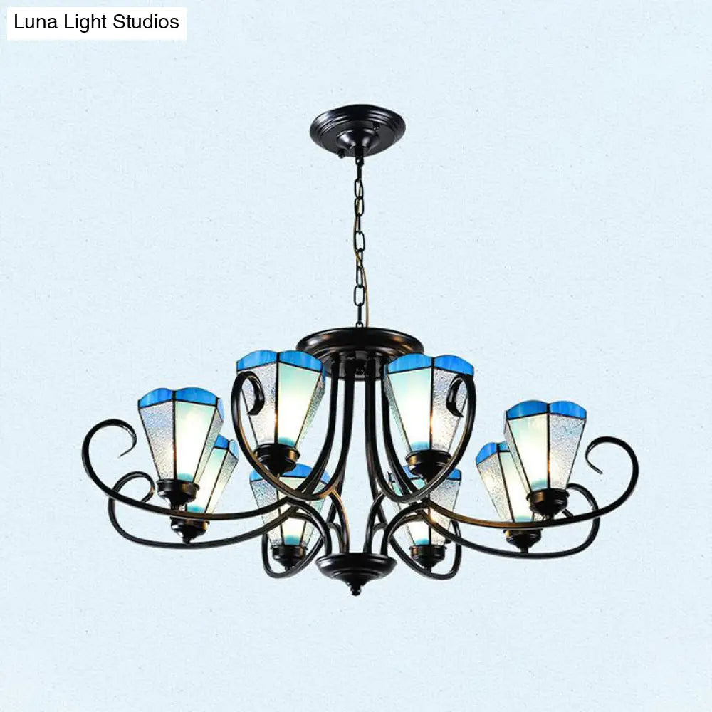 Baroque Blue Frosted Glass Cone Ceiling Pendant Light - Black With 3/6/8 Lights 18’/27.5’/32.5’ W