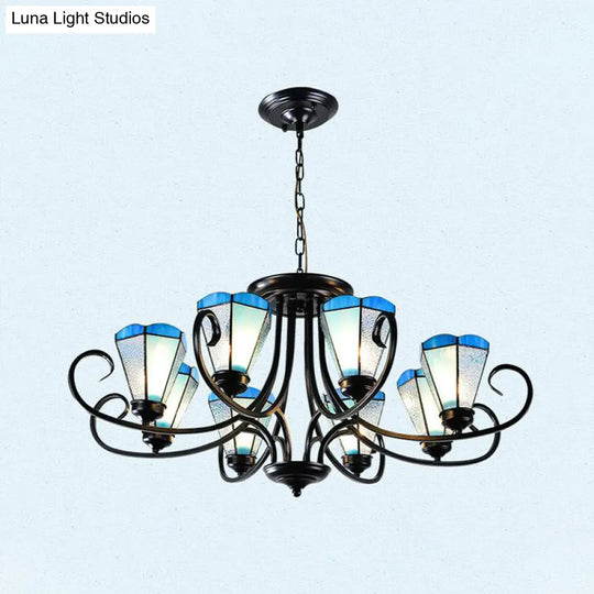 Baroque Blue Frosted Glass Cone Ceiling Pendant Light - Black With 3/6/8 Lights 18’/27.5’/32.5’ W