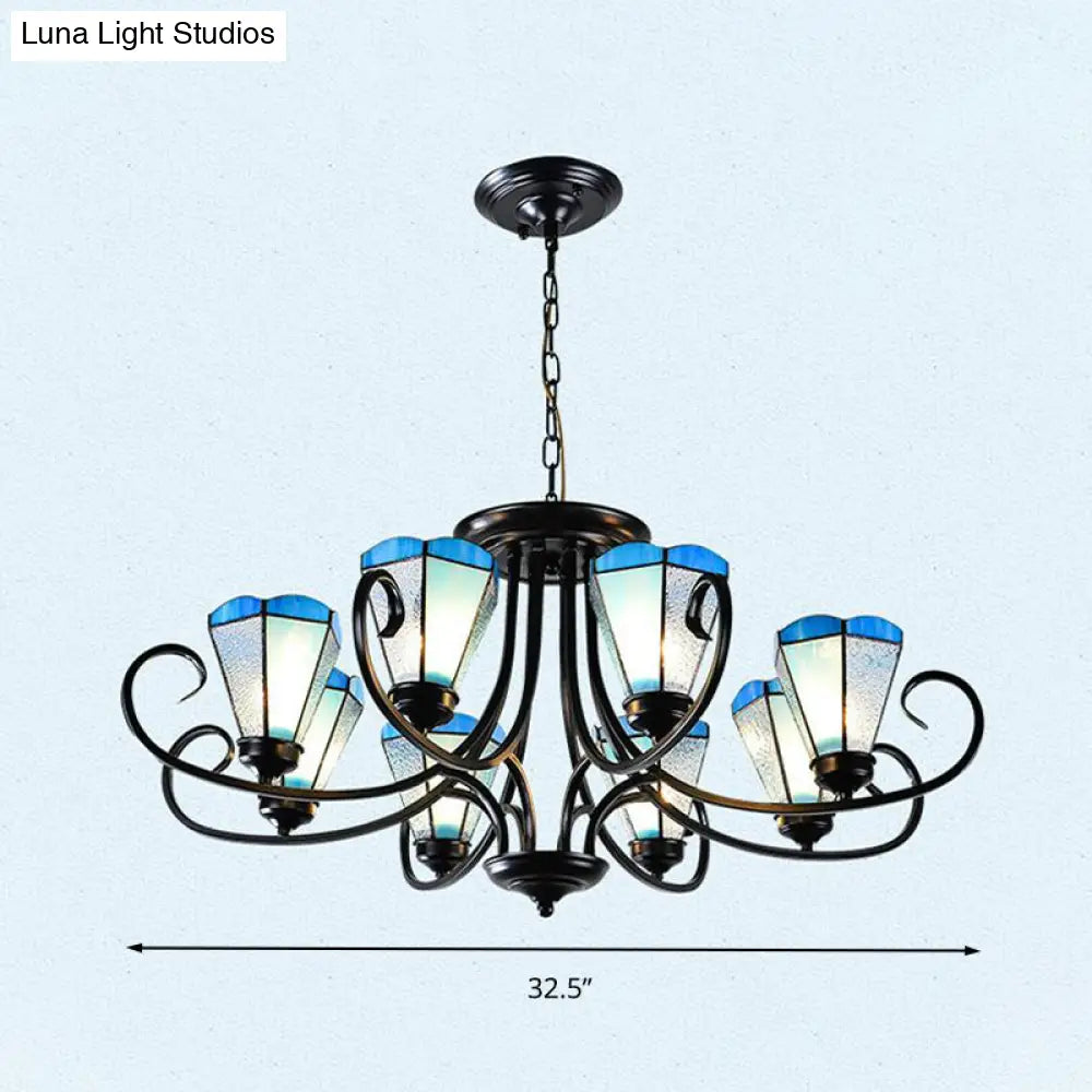 Baroque Blue Frosted Glass Cone Ceiling Pendant Light - Black With 3/6/8 Lights 18’/27.5’/32.5’ W