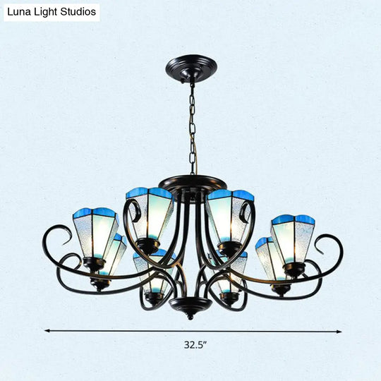 Baroque Blue Frosted Glass Cone Ceiling Pendant Light - Black With 3/6/8 Lights 18’/27.5’/32.5’ W