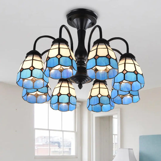 Baroque Blue Glass Ceiling Light Fixture - Domed Cut Semi Mount 6/8 Lights Stylish Design 8 /