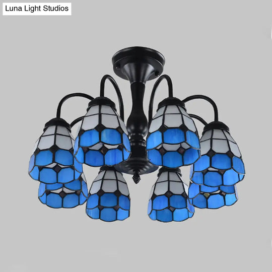 Baroque Blue Glass Ceiling Light Fixture - Domed Cut Semi Mount 6/8 Lights Stylish Design