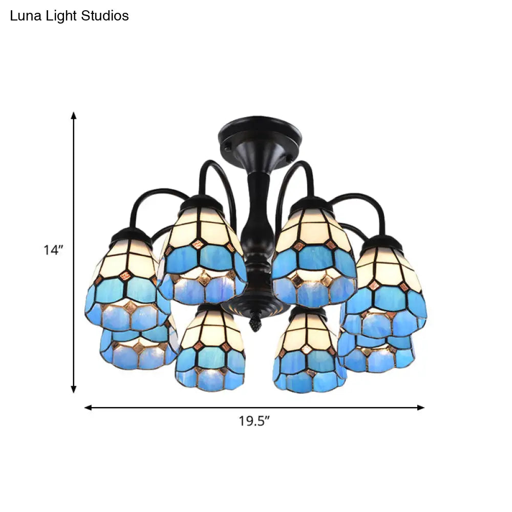 Baroque Blue Glass Ceiling Light Fixture - Domed Cut Semi Mount 6/8 Lights Stylish Design