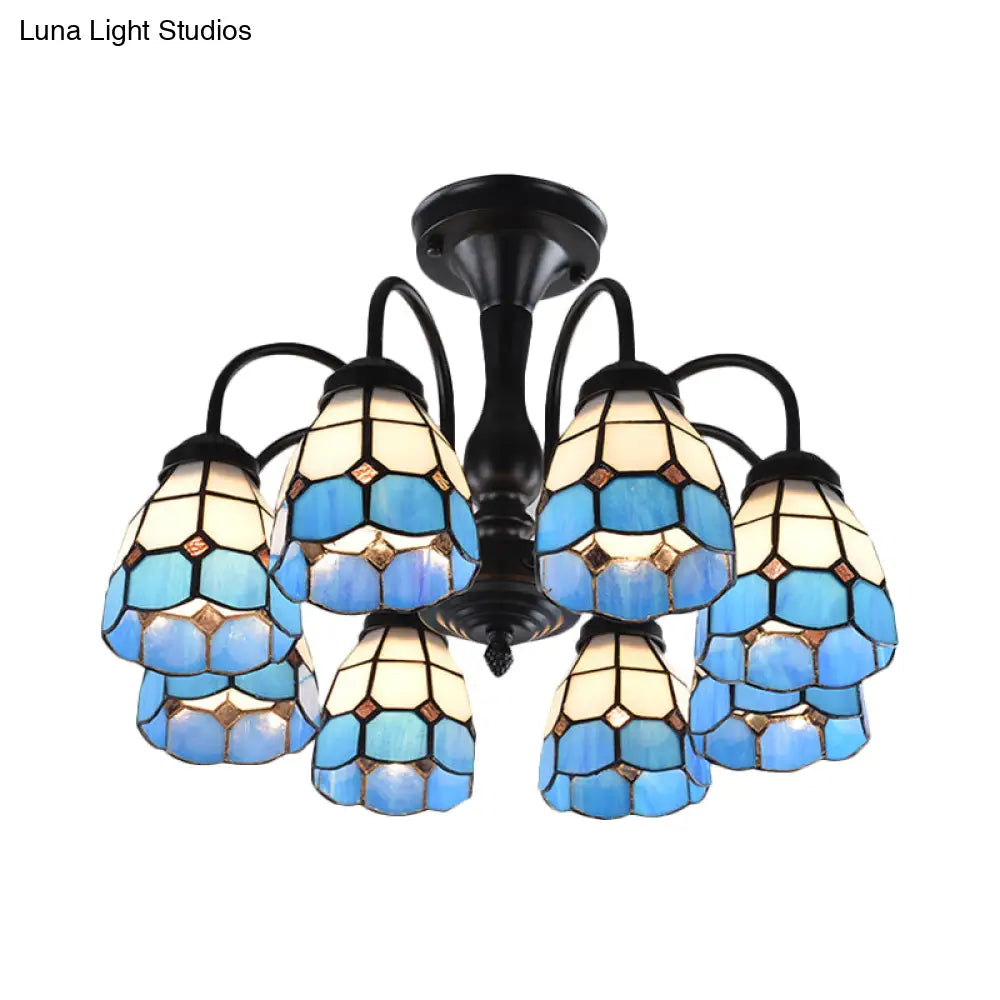 Baroque Blue Glass Ceiling Light Fixture - Domed Cut Semi Mount 6/8 Lights Stylish Design