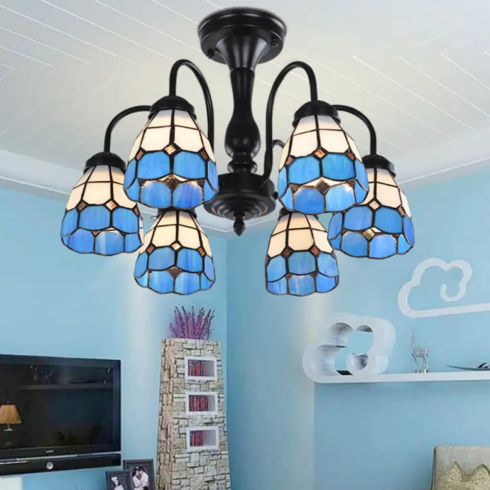 Baroque Blue Glass Ceiling Light Fixture - Domed Cut Semi Mount 6/8 Lights Stylish Design 6 /