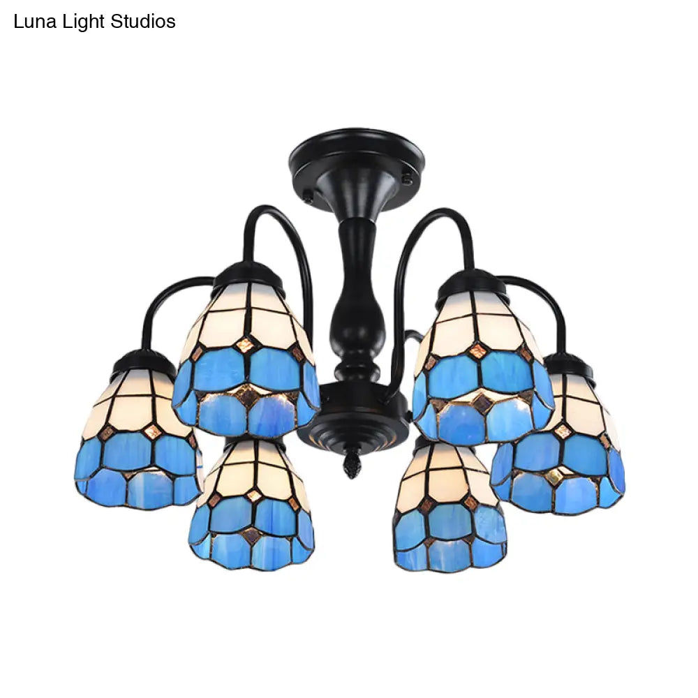 Baroque Blue Glass Ceiling Light Fixture - Domed Cut Semi Mount 6/8 Lights Stylish Design