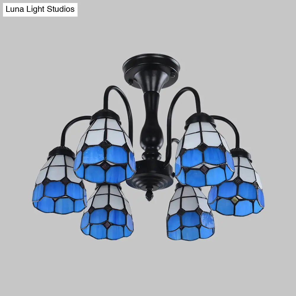 Baroque Blue Glass Ceiling Light Fixture - Domed Cut Semi Mount 6/8 Lights Stylish Design