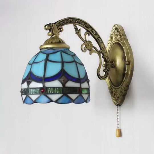 Baroque Blue Glass Mini Sconce Wall Light In Antique Brass / With Switch