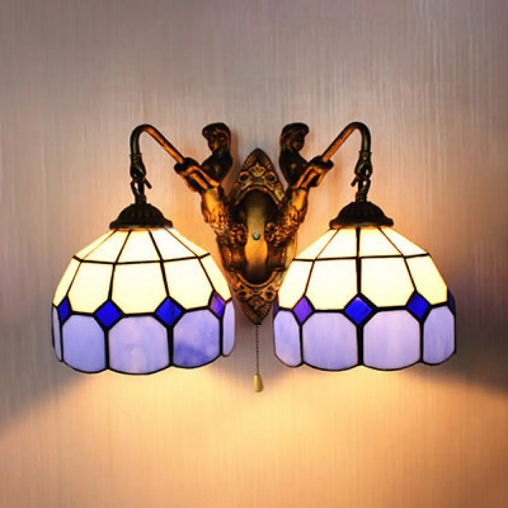 Baroque Blue Glass Wall Sconce Light Antique Brass Finish 6/8 Wide With Grid Pattern / 8