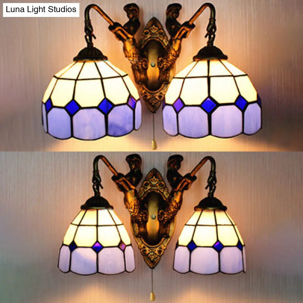 Baroque Blue Glass Wall Sconce Light Antique Brass Finish 6/8 Wide With Grid Pattern