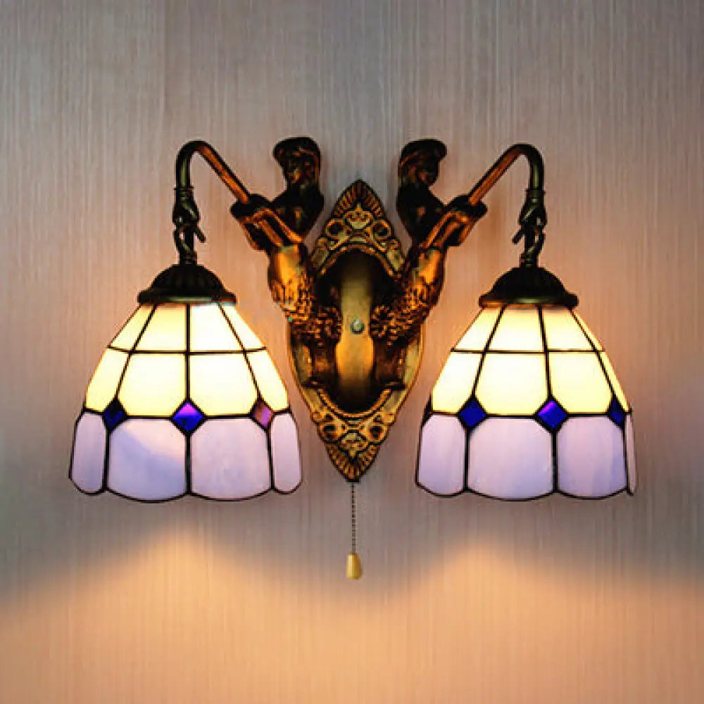 Baroque Blue Glass Wall Sconce Light Antique Brass Finish 6/8 Wide With Grid Pattern / 6