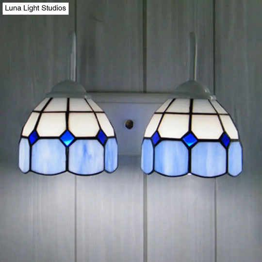 Baroque Blue/Orange Glass Wall Light Sconce - Grid Pattern Design 2 Heads White