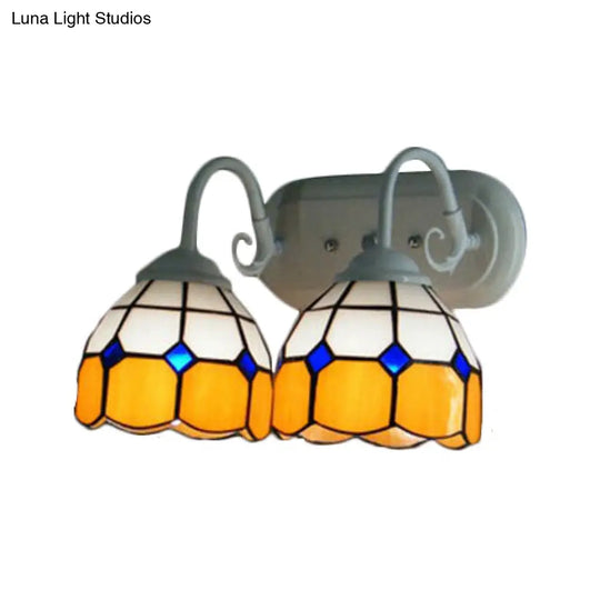 Baroque Blue/Orange Glass Wall Light Sconce - Grid Pattern Design 2 Heads White