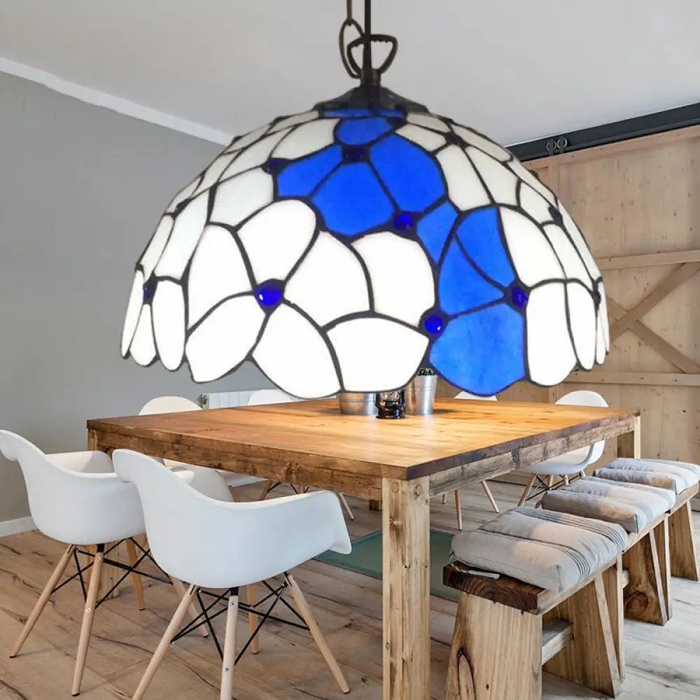 Baroque Blue-White Hand Cut Glass Pendant Lamp - Elegant Ceiling Hanging Light For Dining Room