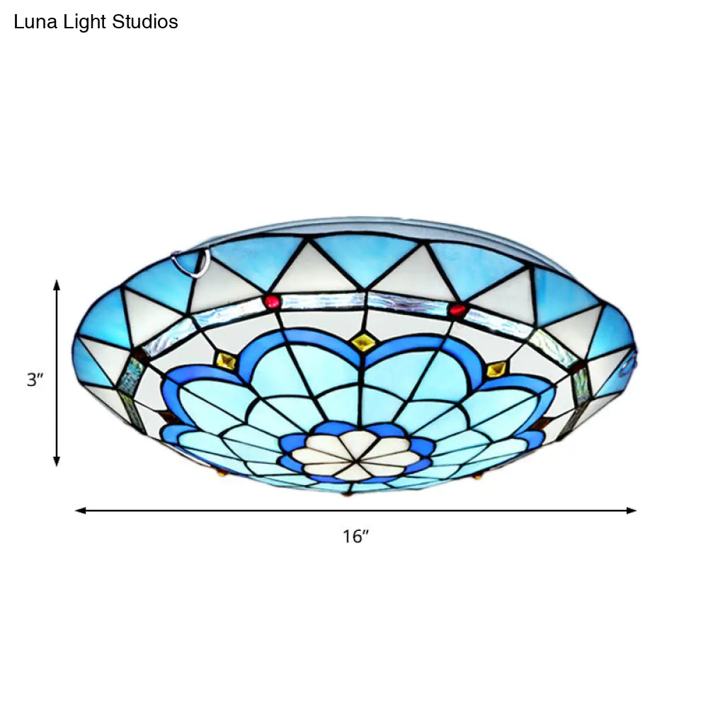 Baroque Bowl Flush Mount Stained Glass Ceiling Light In Blue/Blue-Brown - 12/16/19.5 Wide