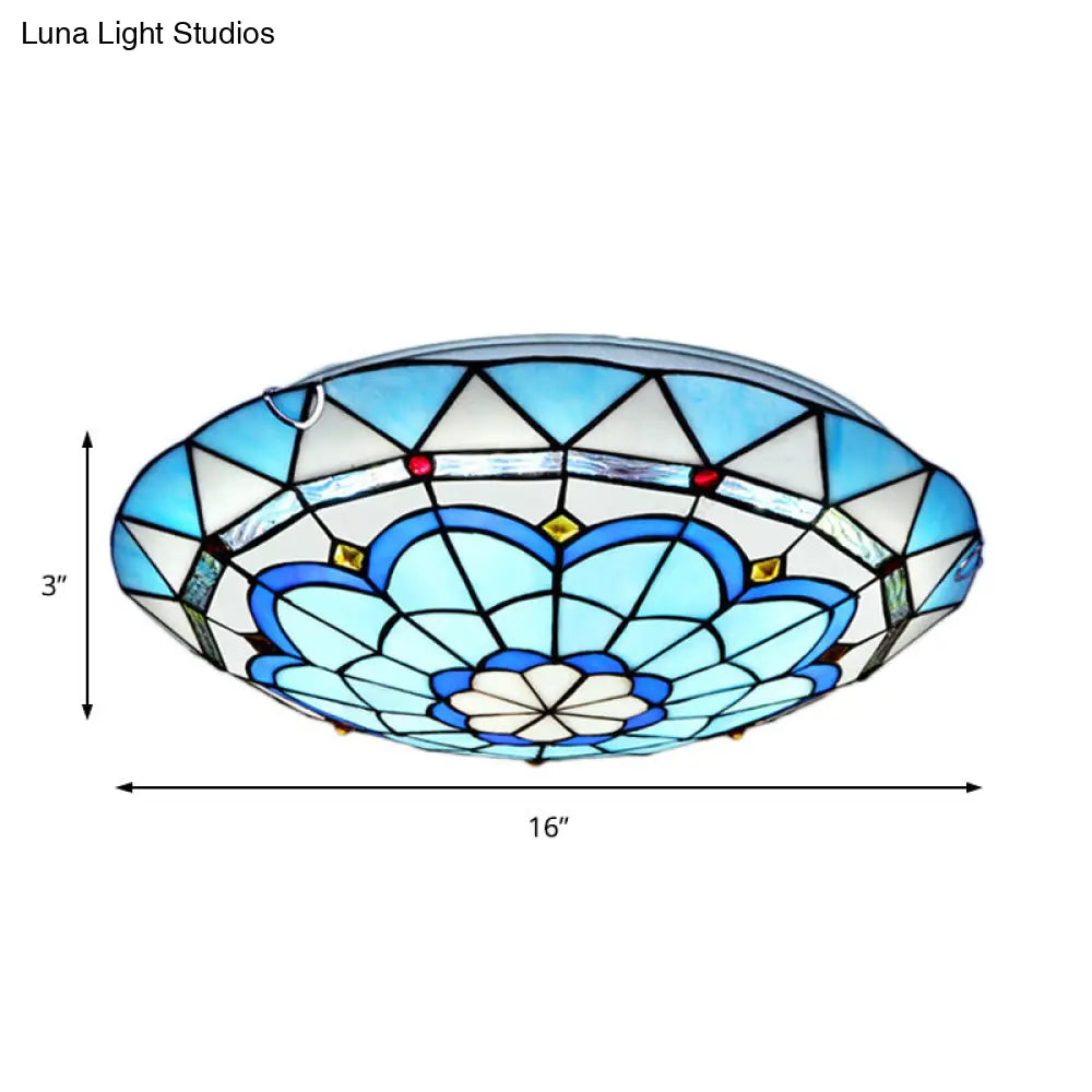 Baroque Bowl Flush Mount Stained Glass Ceiling Light In Blue/Blue - Brown - 12’/16’/19.5’ Wide
