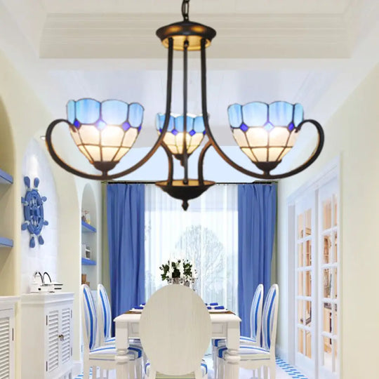 Baroque Bowl Hanging Ceiling Light - Blue Stained Glass Pendant Lighting For Foyer 3 Lights