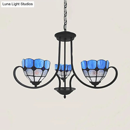 Blue Stained Glass Pendant Light With 3 Baroque Bowl Shades For Foyer Ceiling