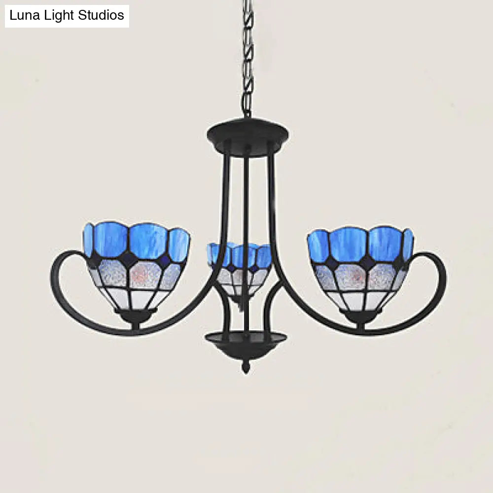 Baroque Bowl Hanging Ceiling Light - Blue Stained Glass Pendant Lighting For Foyer 3 Lights