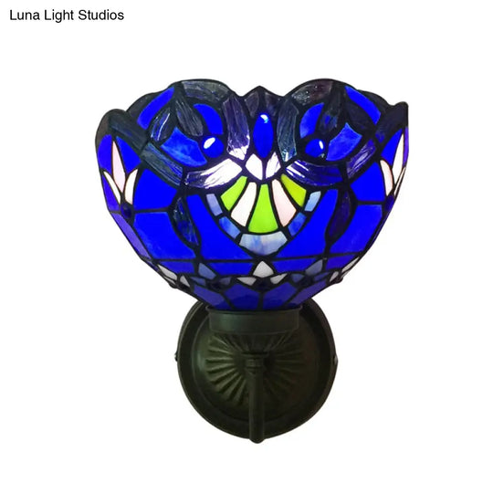 Baroque Bowl Sconce Light Fixture - Yellow/Blue Glass Wall Mounted With Flower Pattern