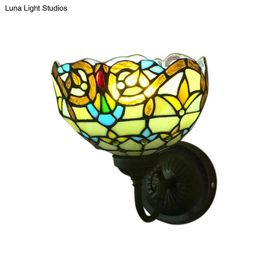 Baroque Bowl Sconce Light Fixture - Yellow/Blue Glass Wall Mounted With Flower Pattern