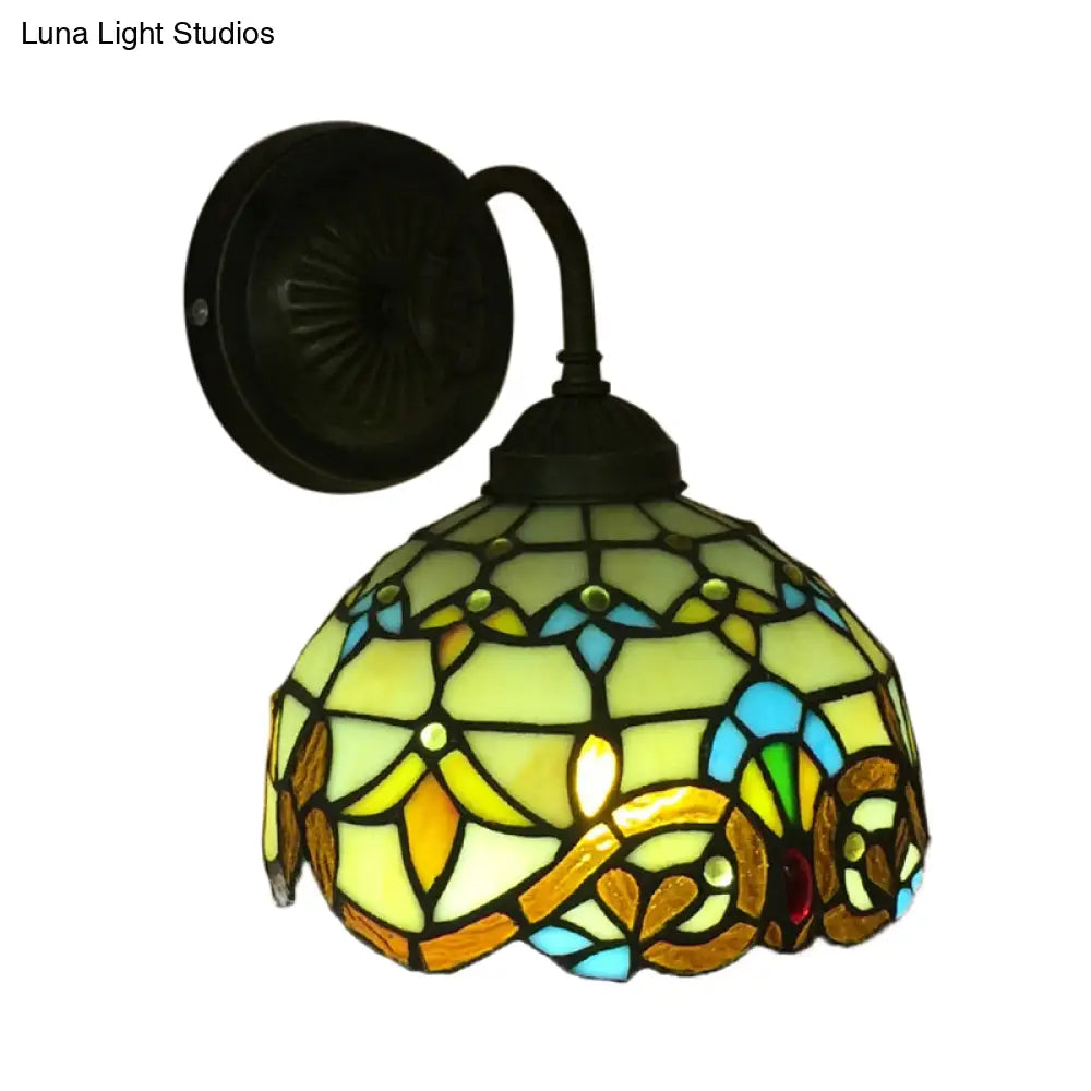 Baroque Bowl Sconce Light Fixture - Yellow/Blue Glass Wall Mounted With Flower Pattern