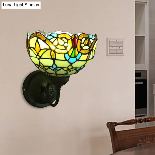 Baroque Bowl Sconce Light Fixture - Yellow/Blue Glass Wall Mounted With Flower Pattern