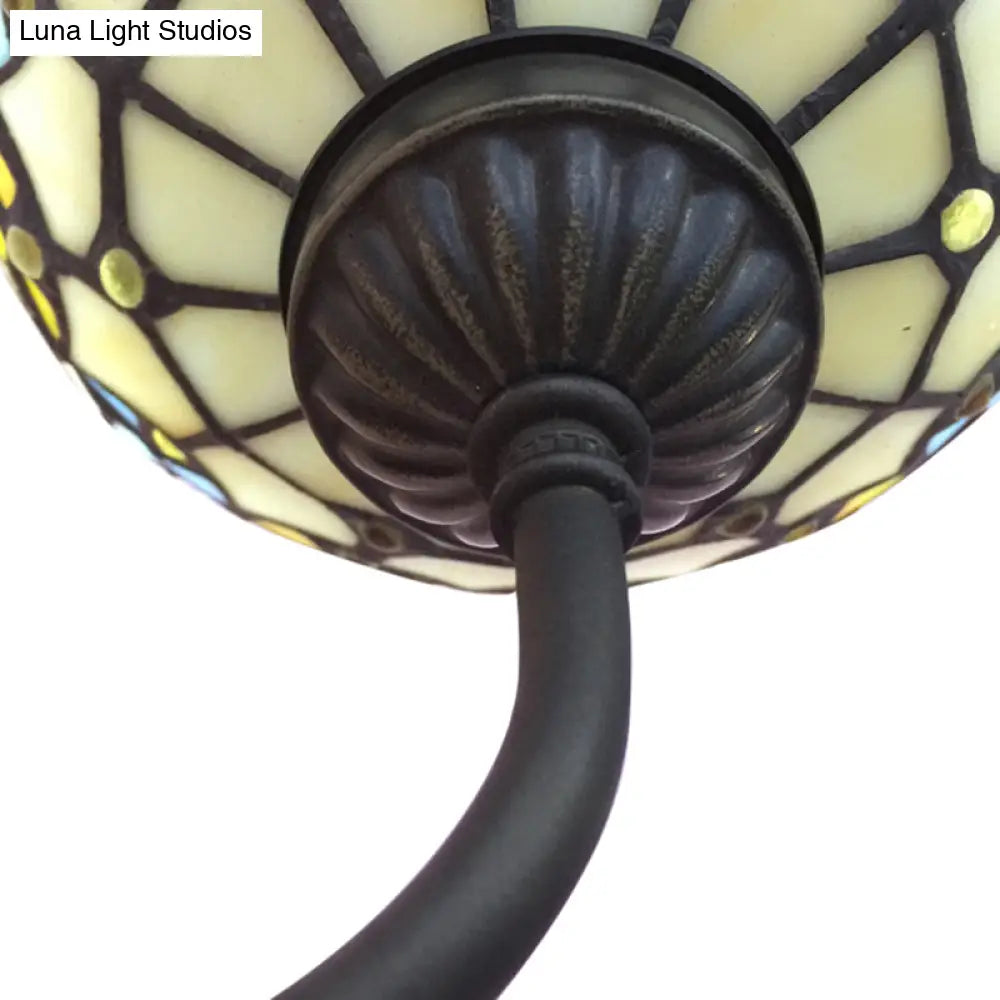 Baroque Bowl Sconce Light Fixture - Yellow/Blue Glass Wall Mounted With Flower Pattern