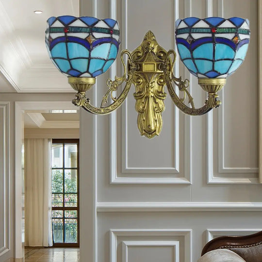 Baroque Bowl Wall Light Fixture With Carved Arm: Stained Glass Sconce Lighting In Blue/Beige For