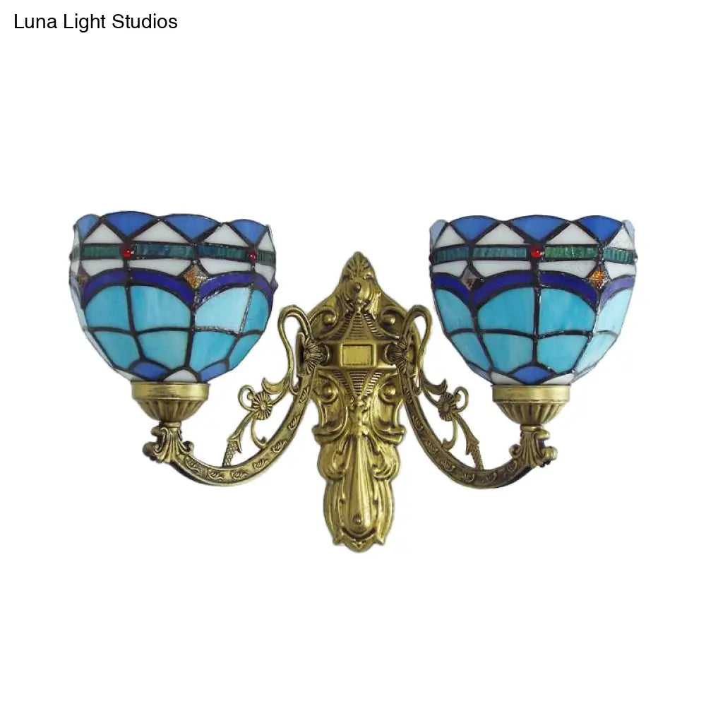 Baroque Bowl Wall Light Fixture With Carved Arm: Stained Glass Sconce Lighting In Blue/Beige For