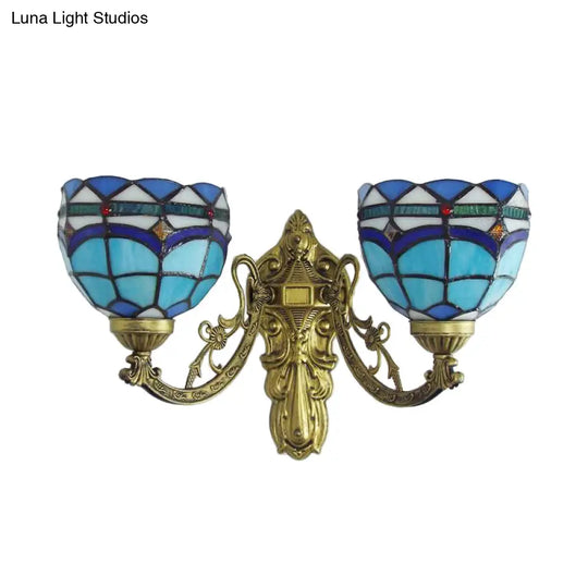 Baroque Bowl Wall Light Fixture With Carved Arm: Stained Glass Sconce Lighting In Blue/Beige For