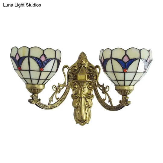 Baroque Bowl Wall Light Fixture With Carved Arm: Stained Glass Sconce Lighting In Blue/Beige For