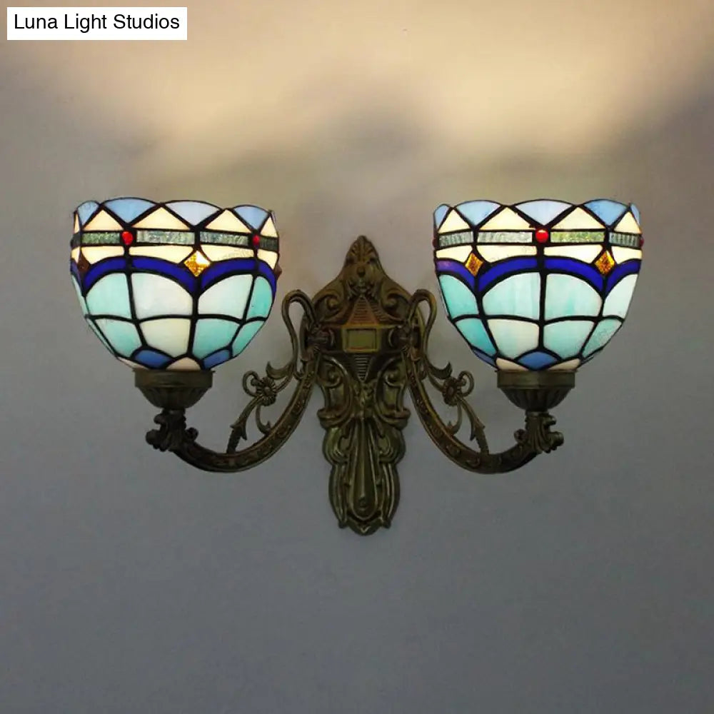 Baroque Bowl Wall Light Fixture With Carved Arm: Stained Glass Sconce Lighting In Blue/Beige For