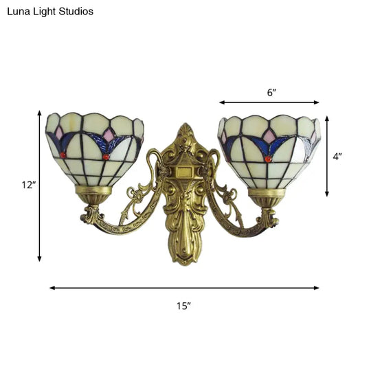 Baroque Bowl Wall Light Fixture With Carved Arm: Stained Glass Sconce Lighting In Blue/Beige For