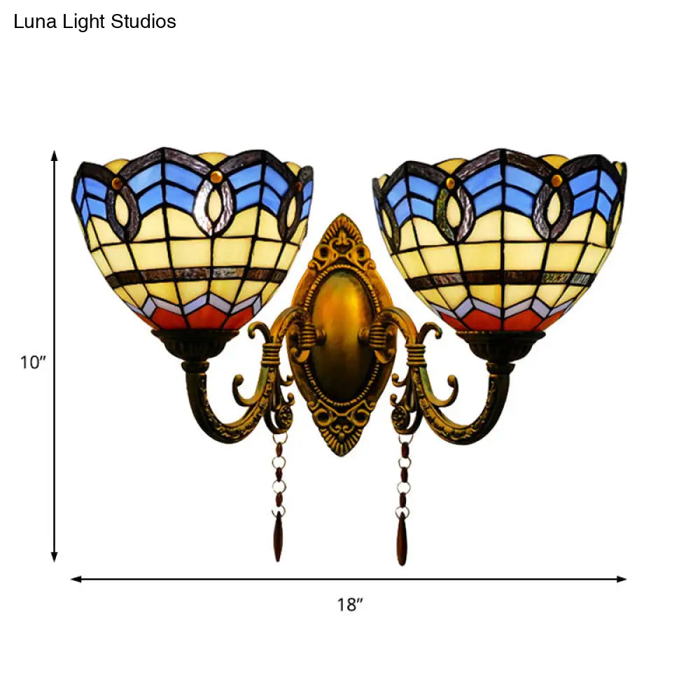 Baroque Bowl Wall Sconce Light Fixture: Stained Glass 2 Lights For Living Room