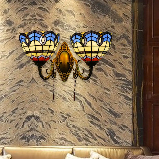 Baroque Bowl Wall Sconce Light Fixture: Stained Glass 2 Lights For Living Room Yellow-Blue